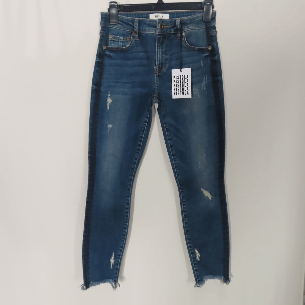 Pistola Blue Dark Wash Audrey Side-Distressed Skinny Jeans Size 27